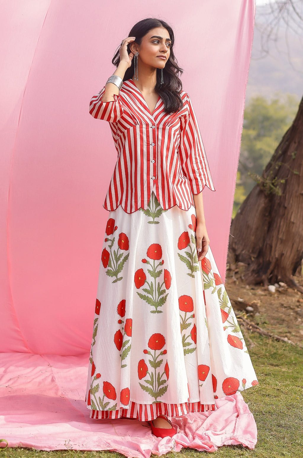 Brij Blue Poppy & Stripe Top & Skirt Set