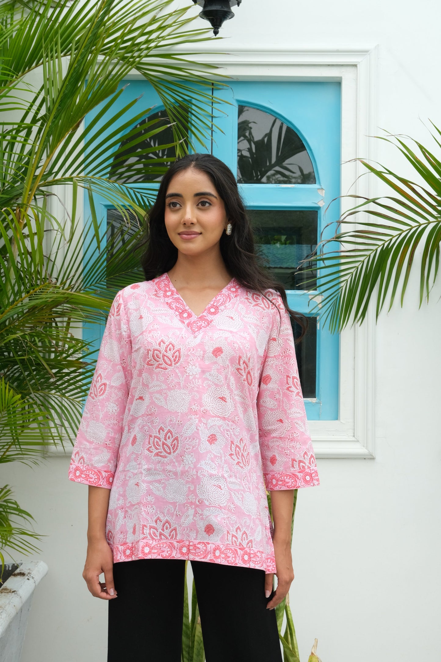 Border Short Kurti (Pink)