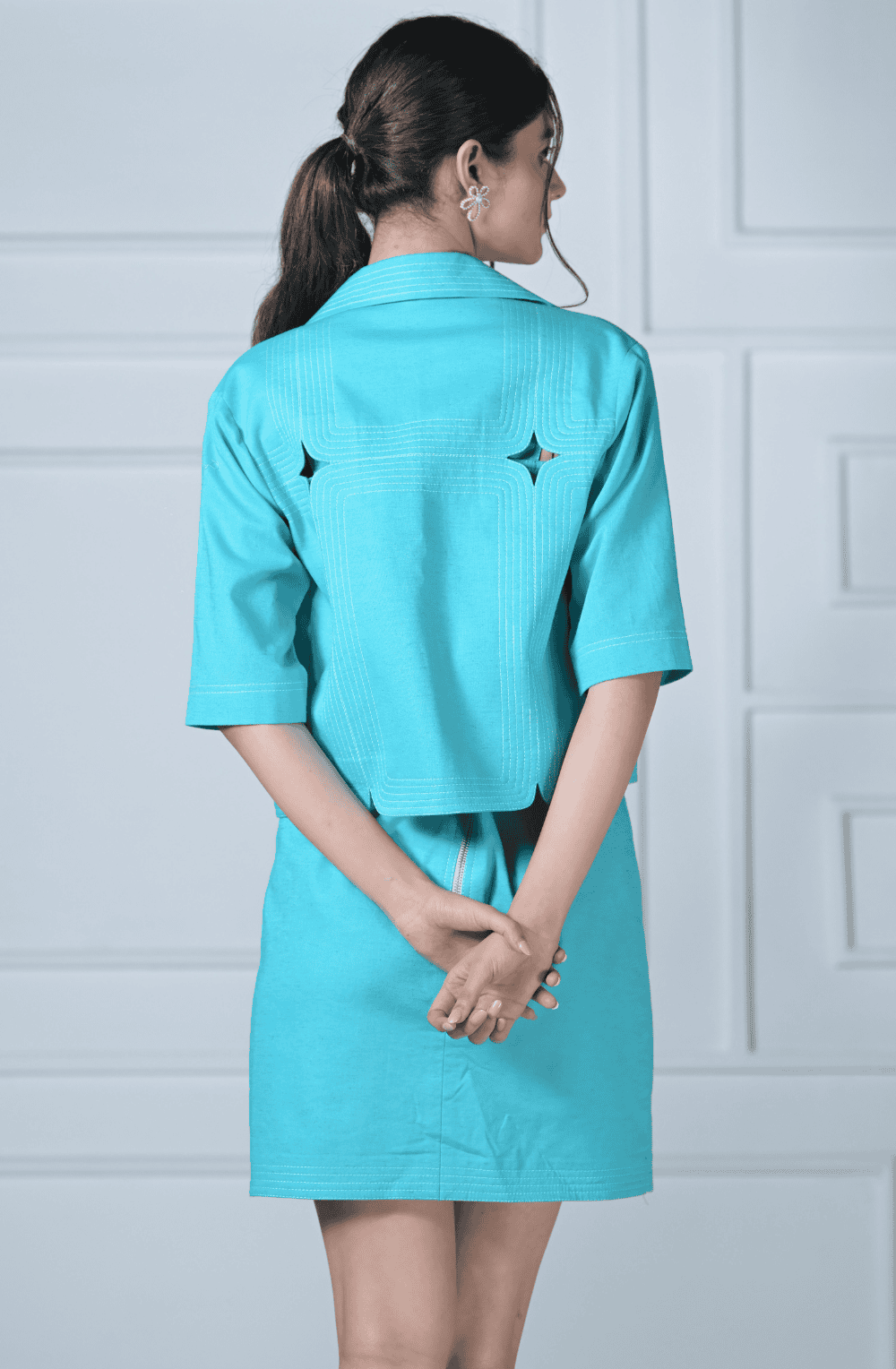 Blue Linen Cut Out Dress & Jacket