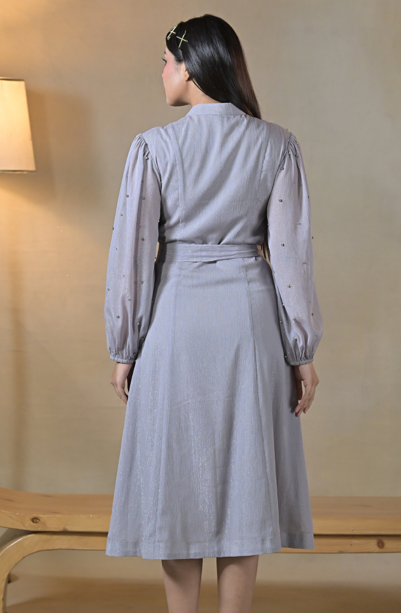 Grey Embroidered Midi Dress