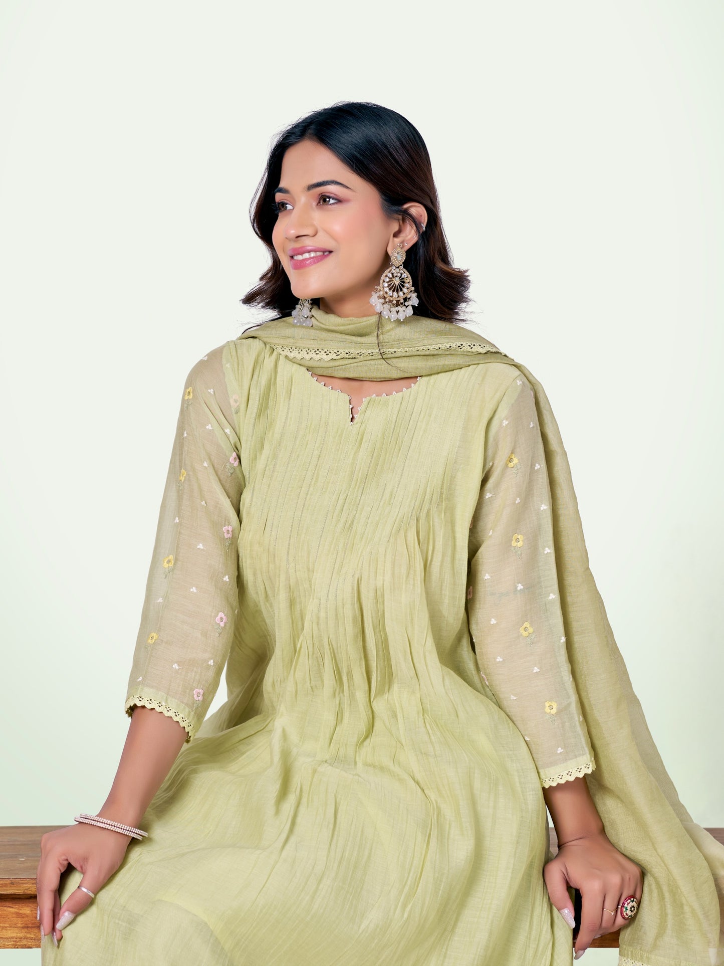 Pista Green Pure Silk Mul Chanderi Set