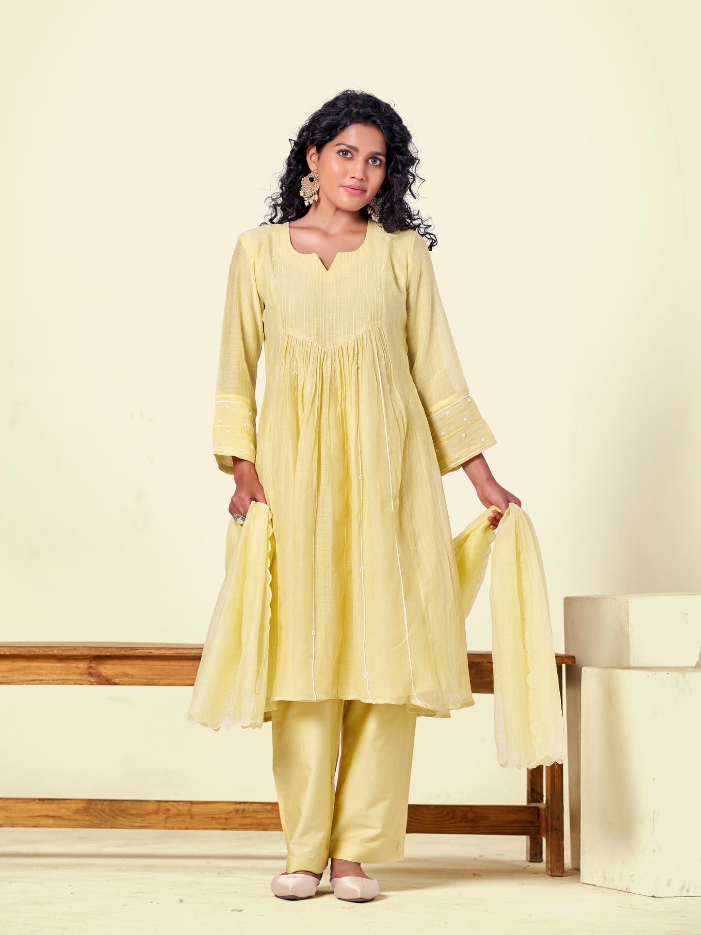 Yellow Pure Silk Mul 3-Piece Kurti Set