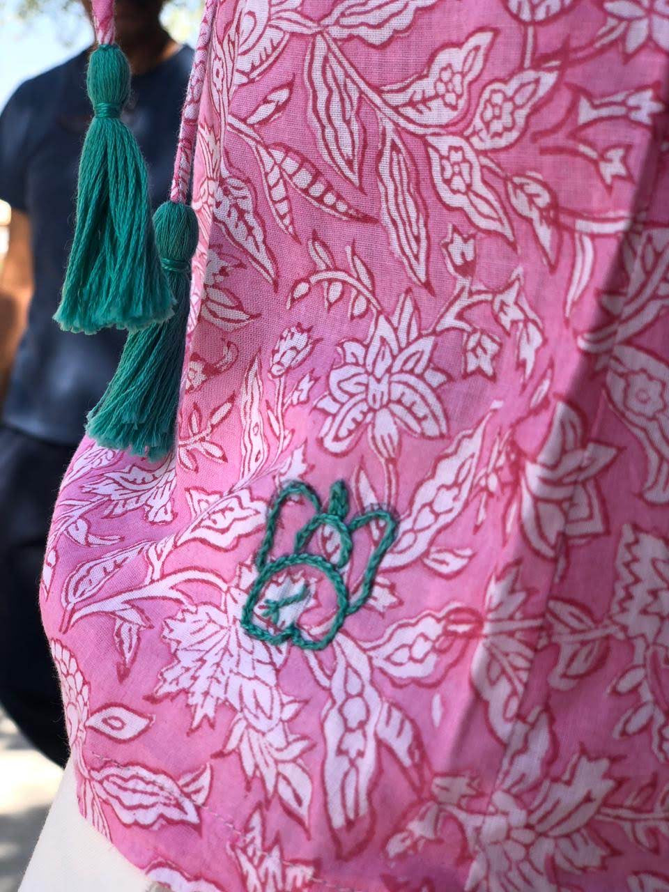 Pink Yoke top - Pink Printed Top with Green Tassel Details