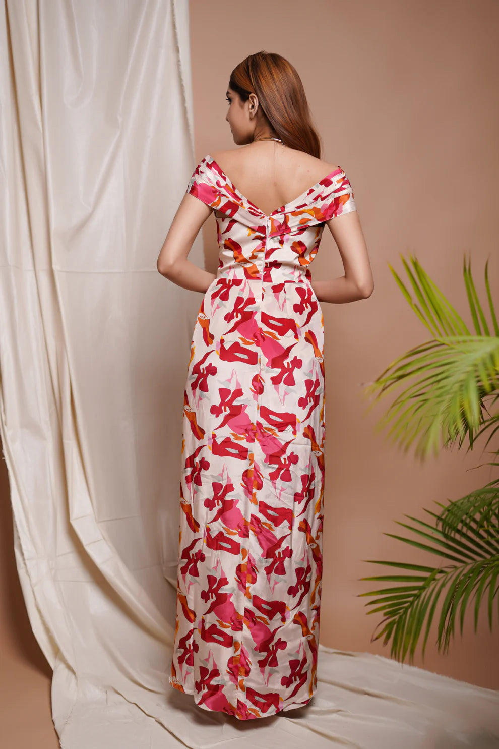 CREAM ABSTRACT OFF SHOULDER CORSET DRAPE DRESS