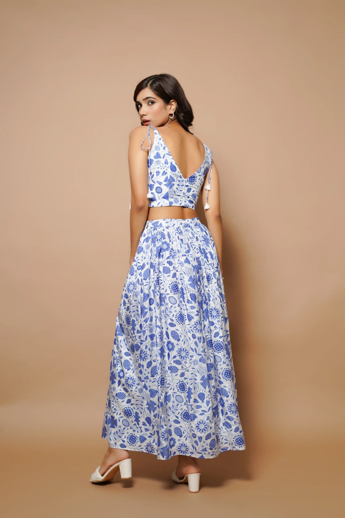 Block printed blue and white long skirt co-ord