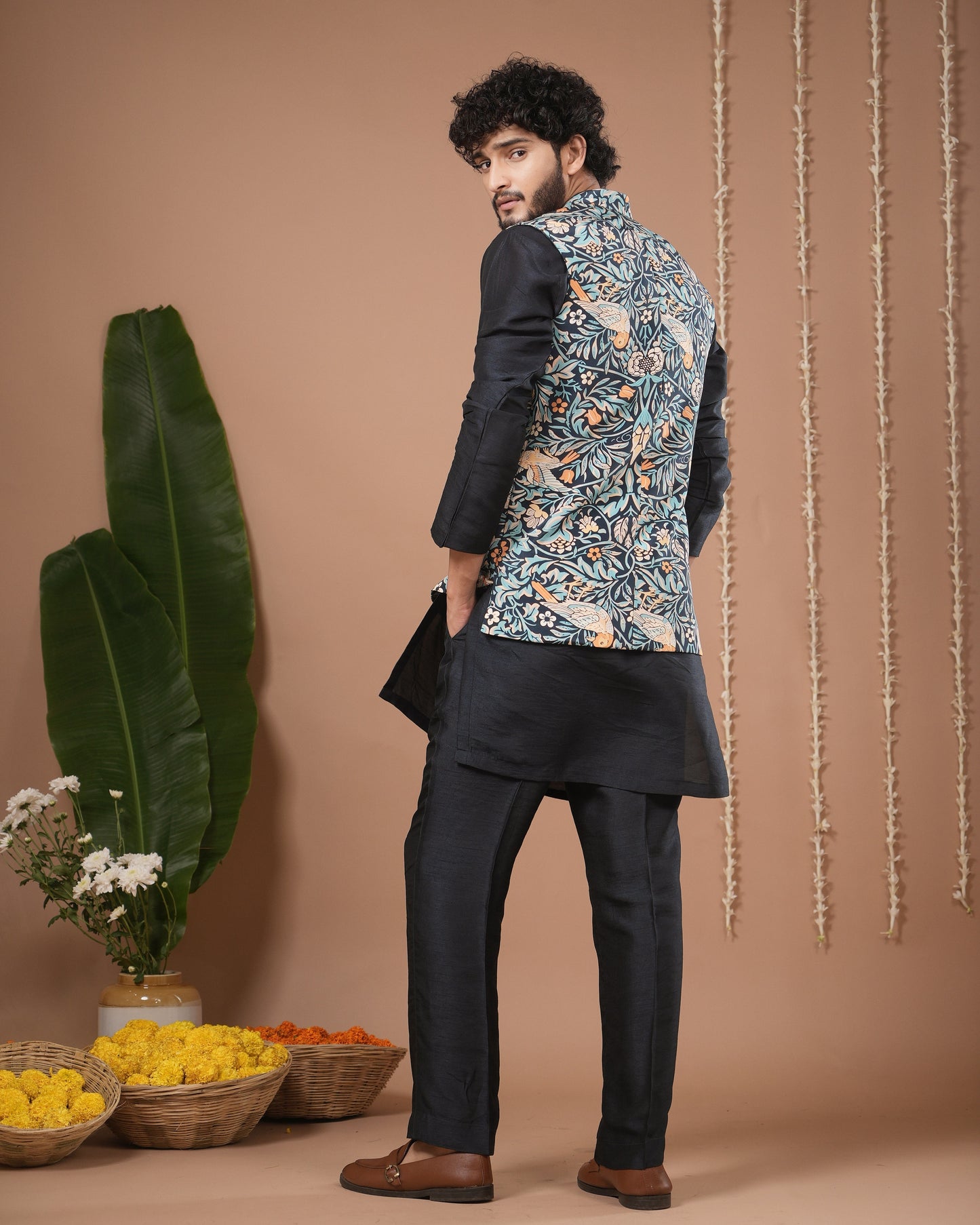 Navy Blue Digital Print Nehru Jacket + Kurta Pyjama Set (Set of 3)