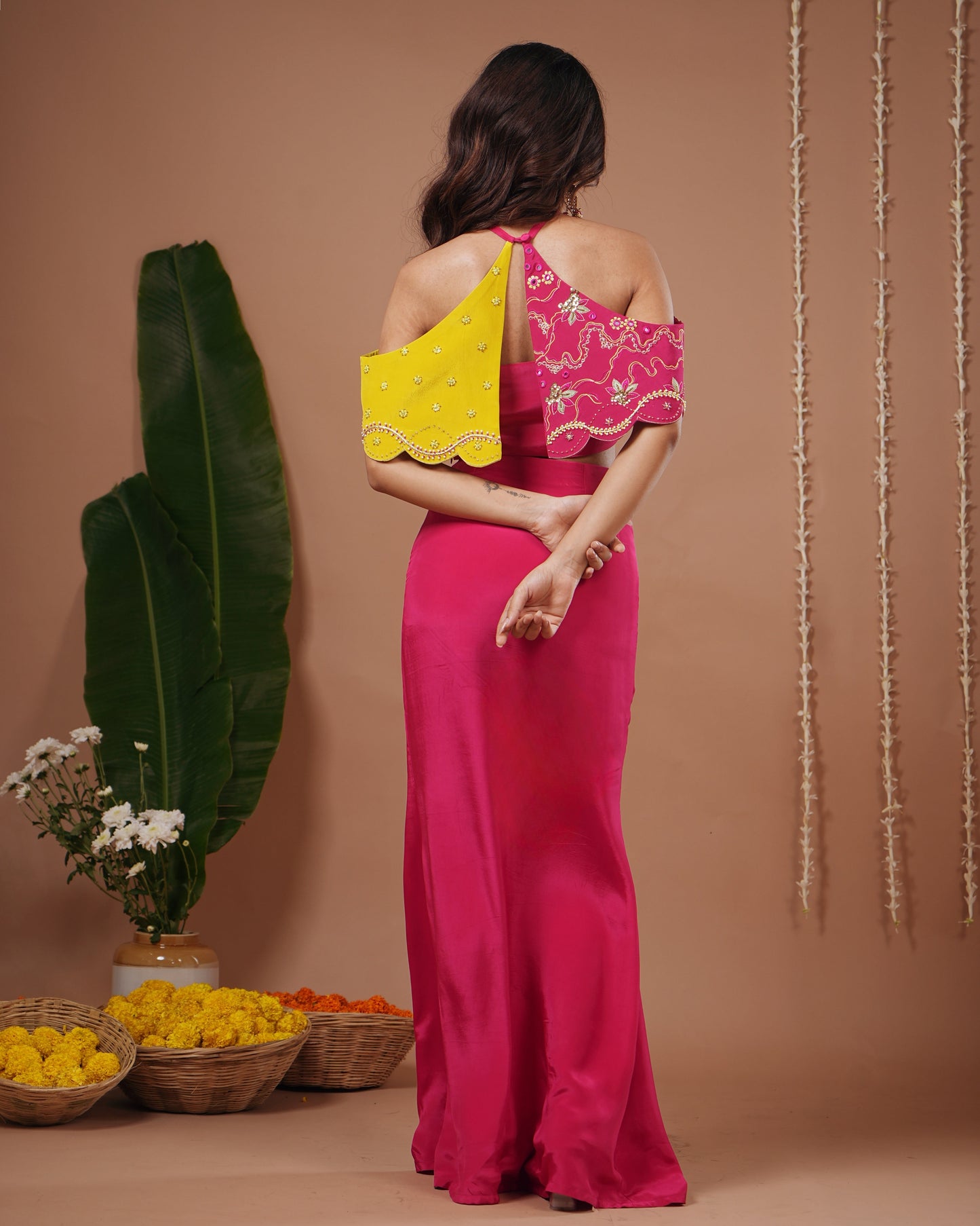 Rani-Yellow Halter Neck Skirt Set (Set of 3)