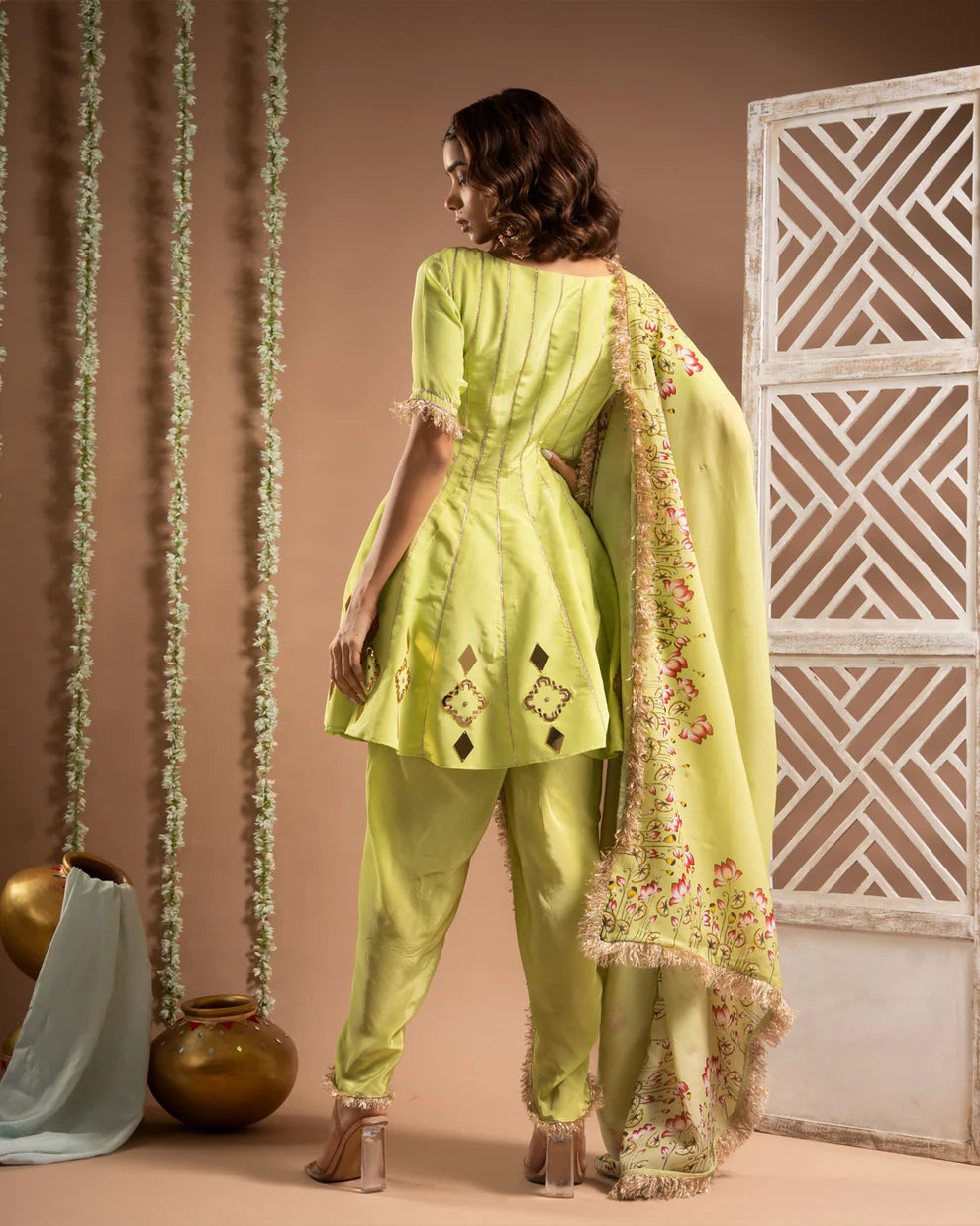 Green Short Anarkali-Tulip Salwar Set (Set of 3)
