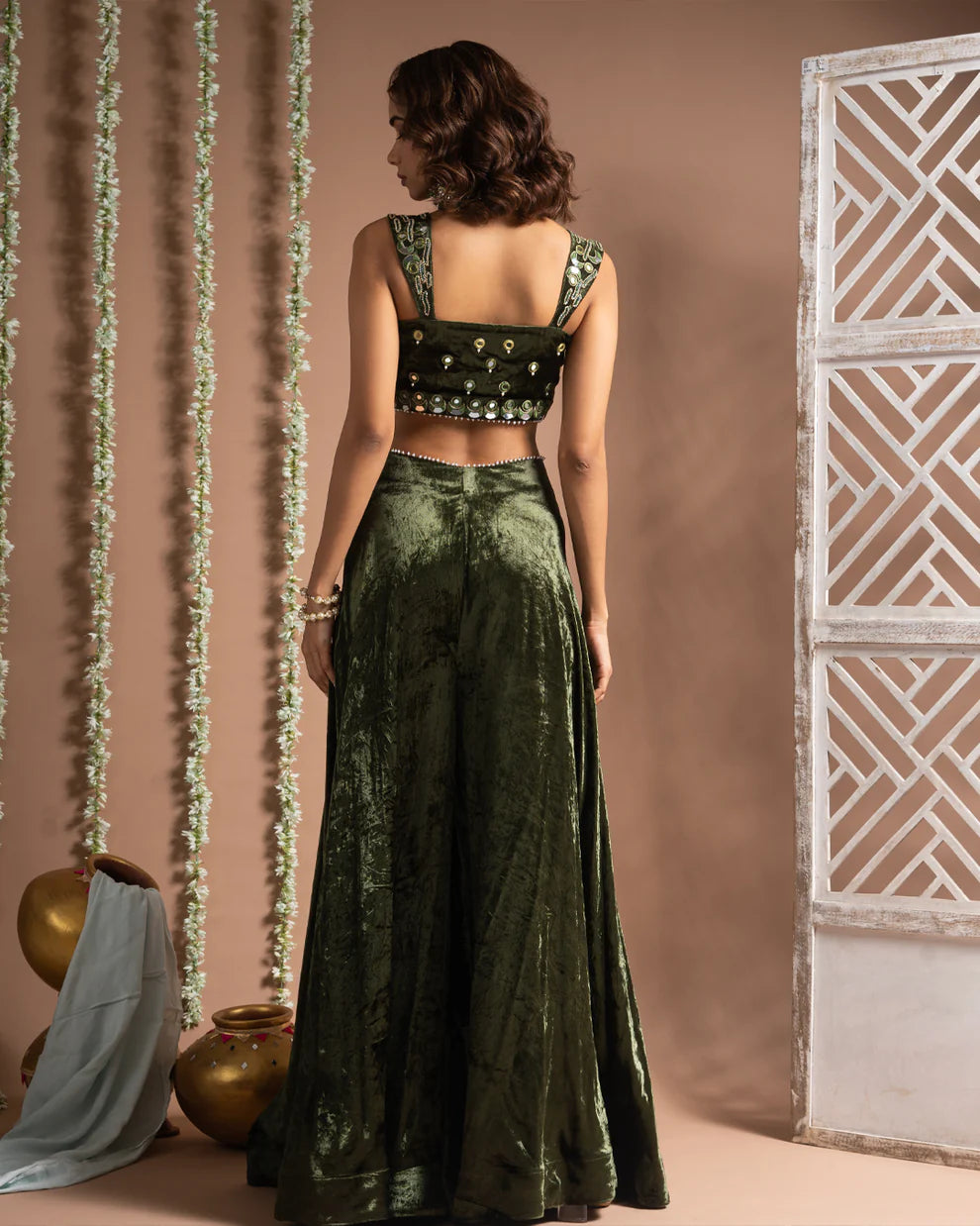 Green Velvet Indo Palazzo Set (Set of 2)