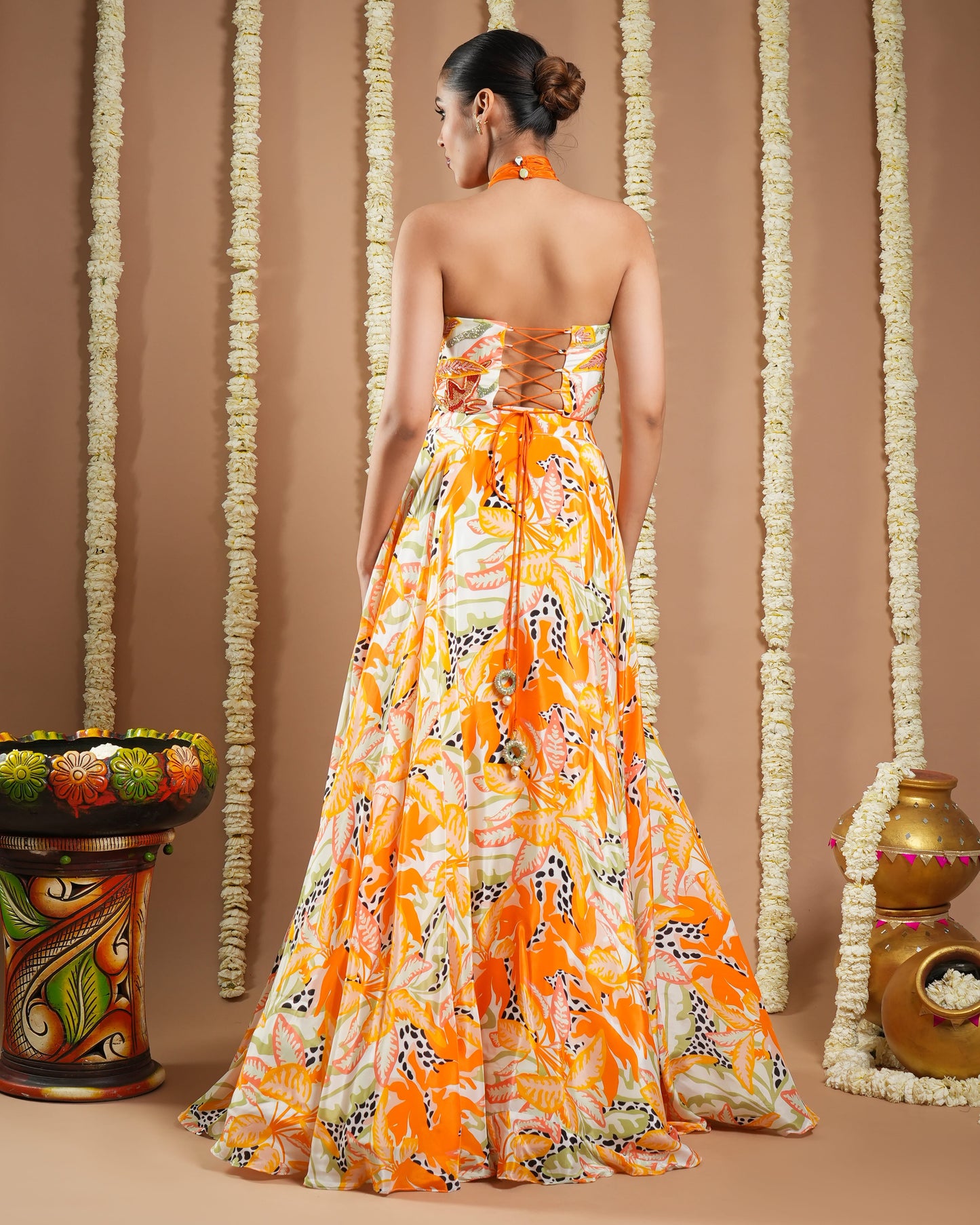 Forest Orange Printed Corset Drape Indo Lehenga Set (Set Of 2)