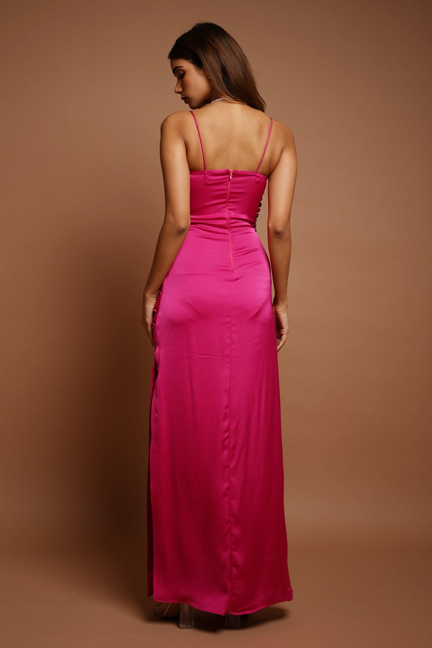 Pink Leather Drape Long Dress