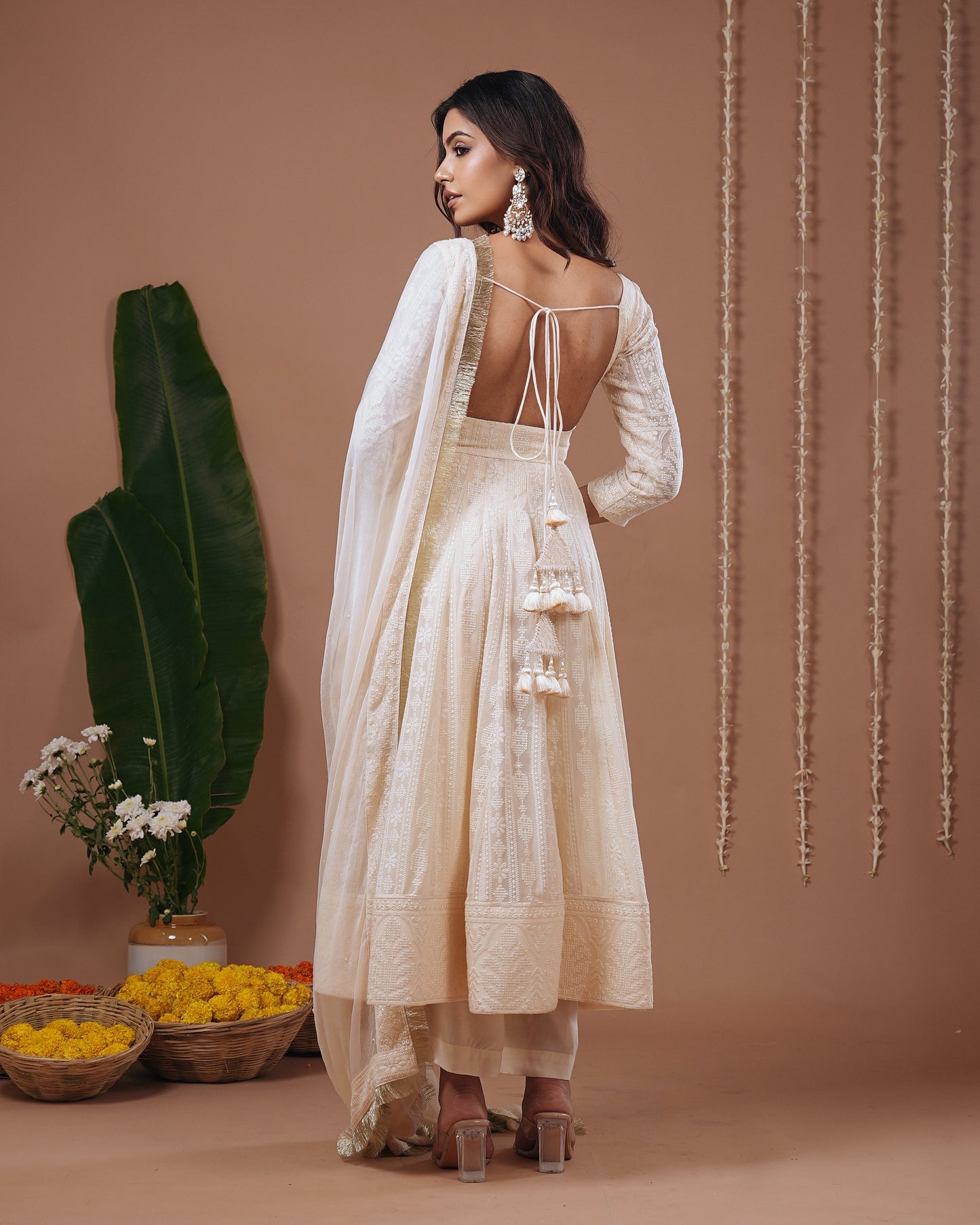 Ivory Chikankari Anarkali Suit Set (Set of 3)