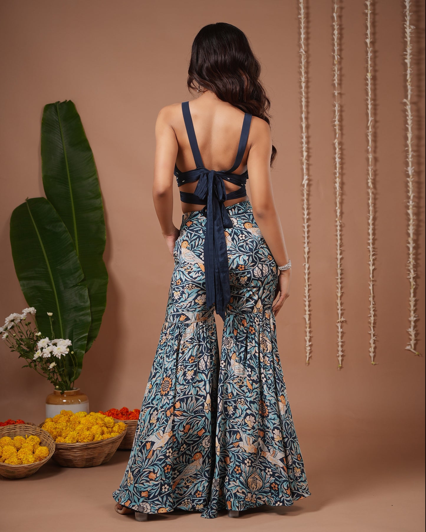 Navy Blue Digital Print Indo Sharara Set (Set of 3)