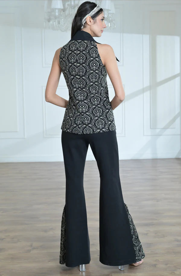 Black & Golden Sleeveless Jacket Set