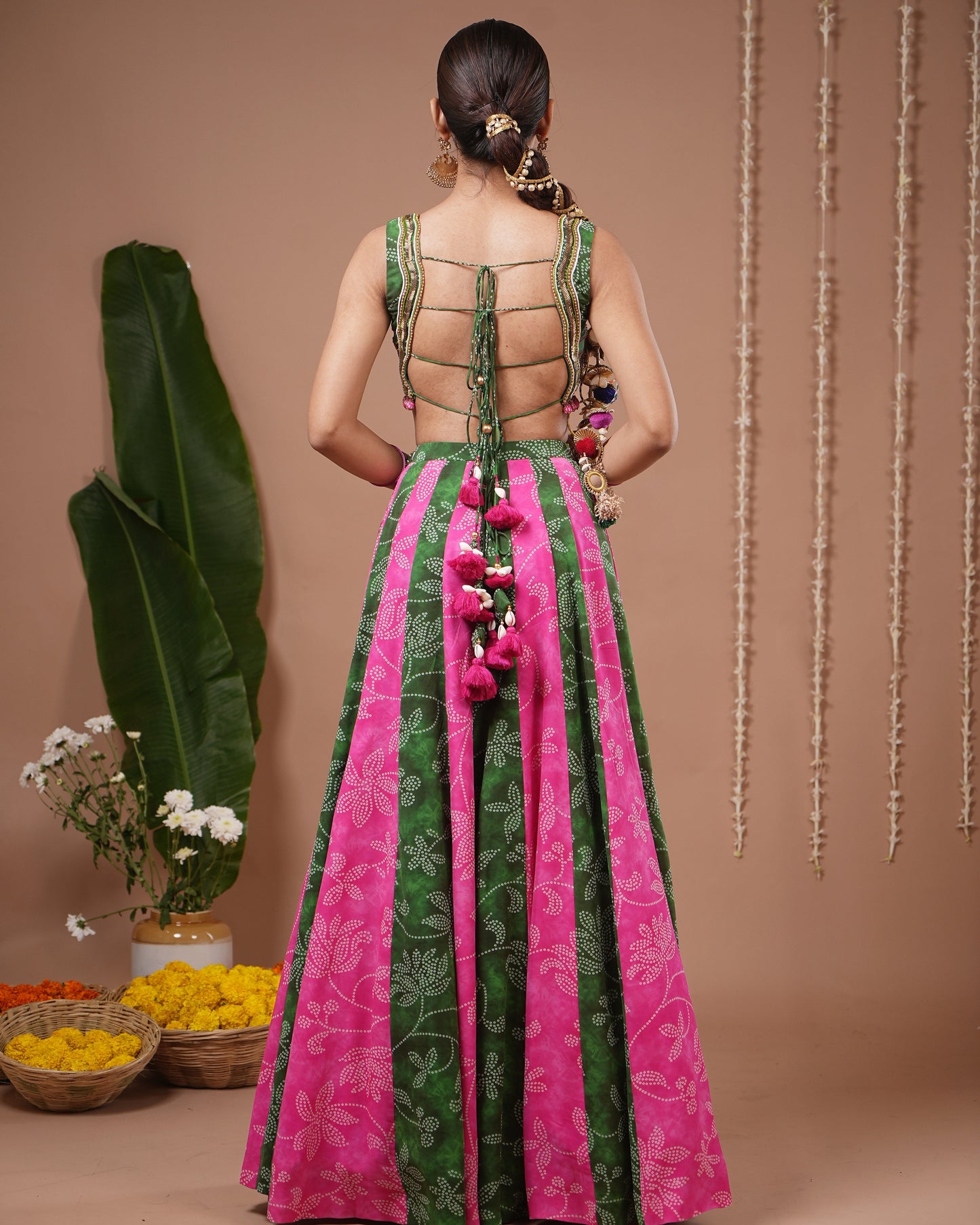 Green- Pink Bandhani Floral Printed Lehenga Set (Set of 3)