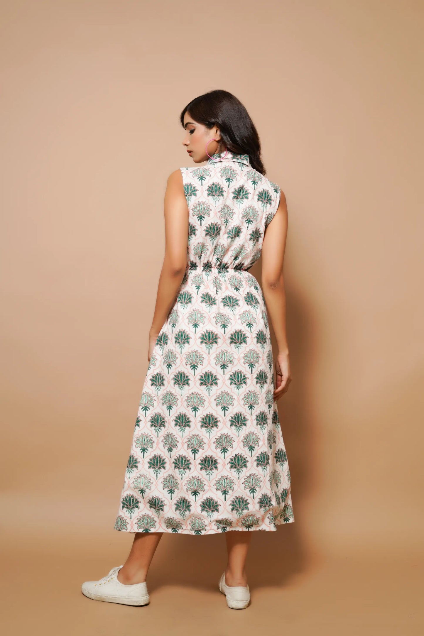 White cotton printed midi