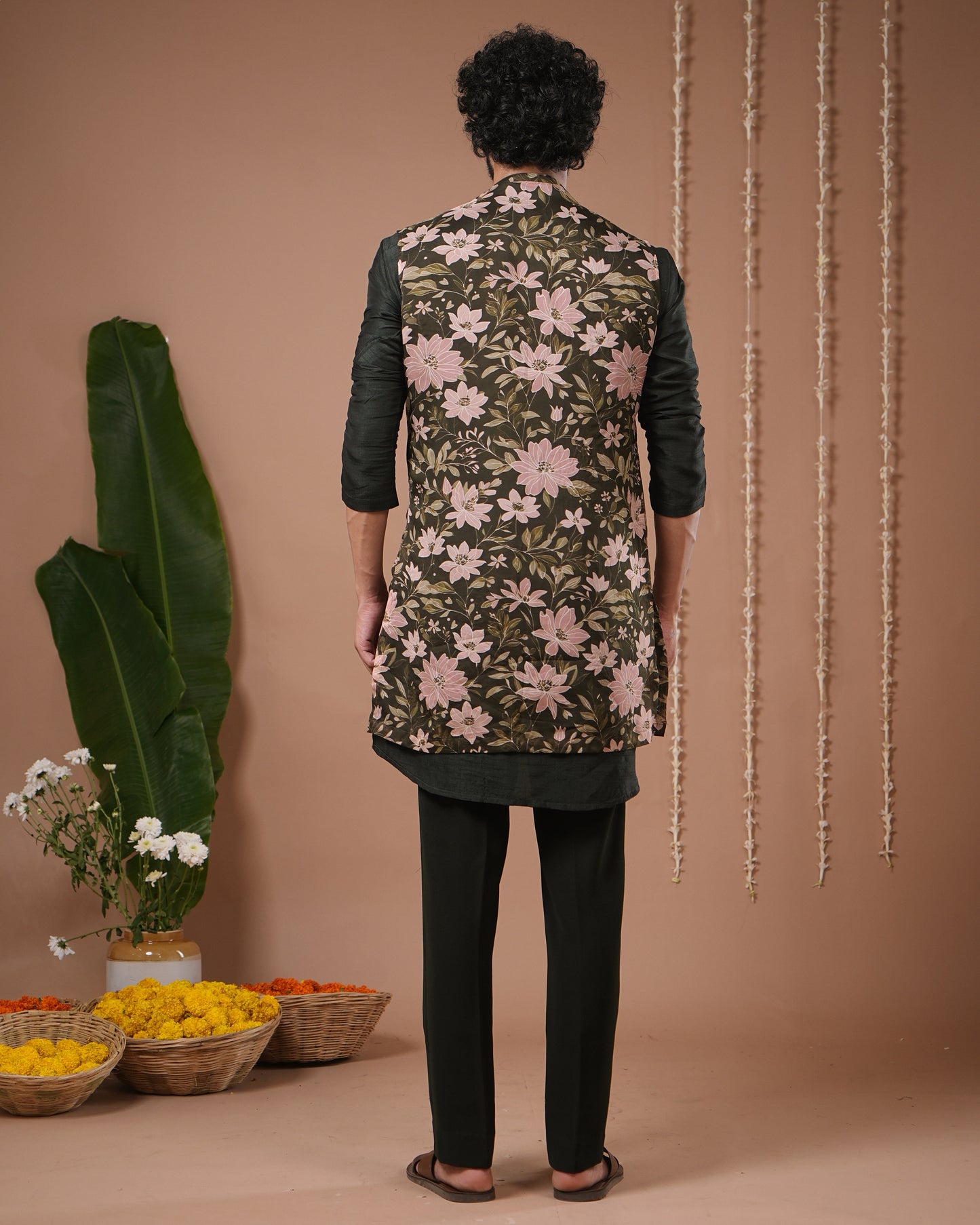 Olive Green Heavy Kurta + Sheer Jacket + Pant Set (Set of 3)