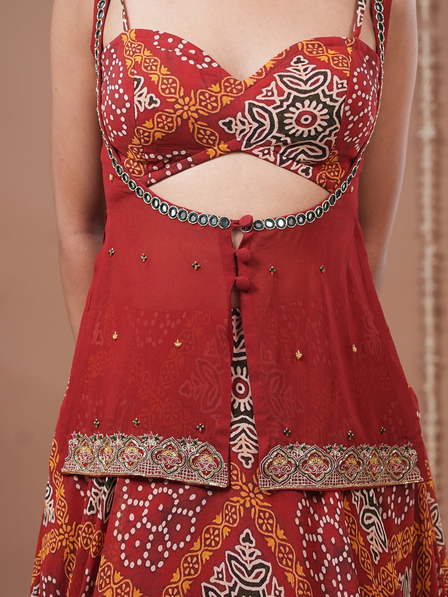 Red Bandhani Printed Lehenga Set (Set of 3)