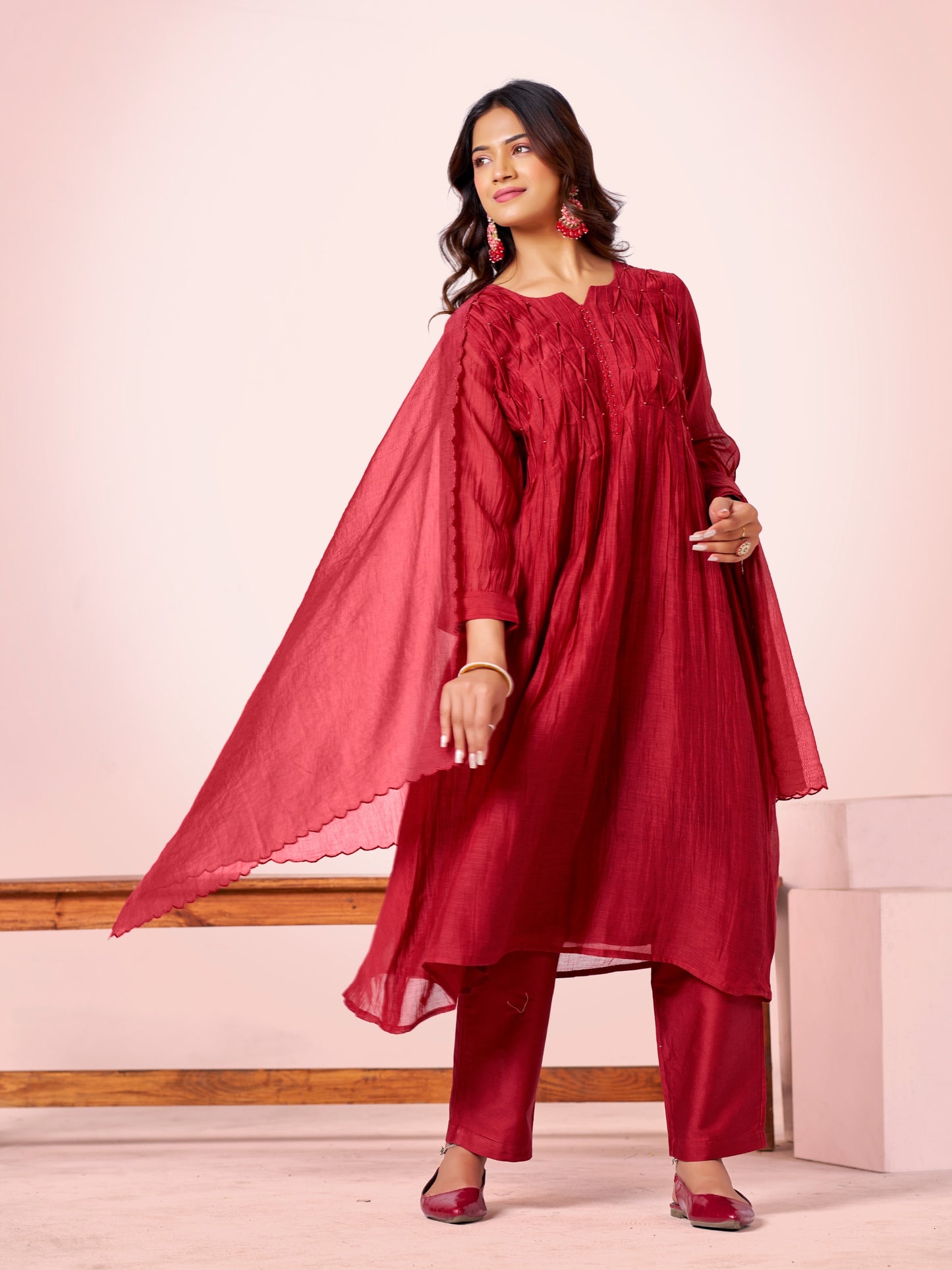 Garnet Red Pure Silk Mul 3-Piece Kurti Set