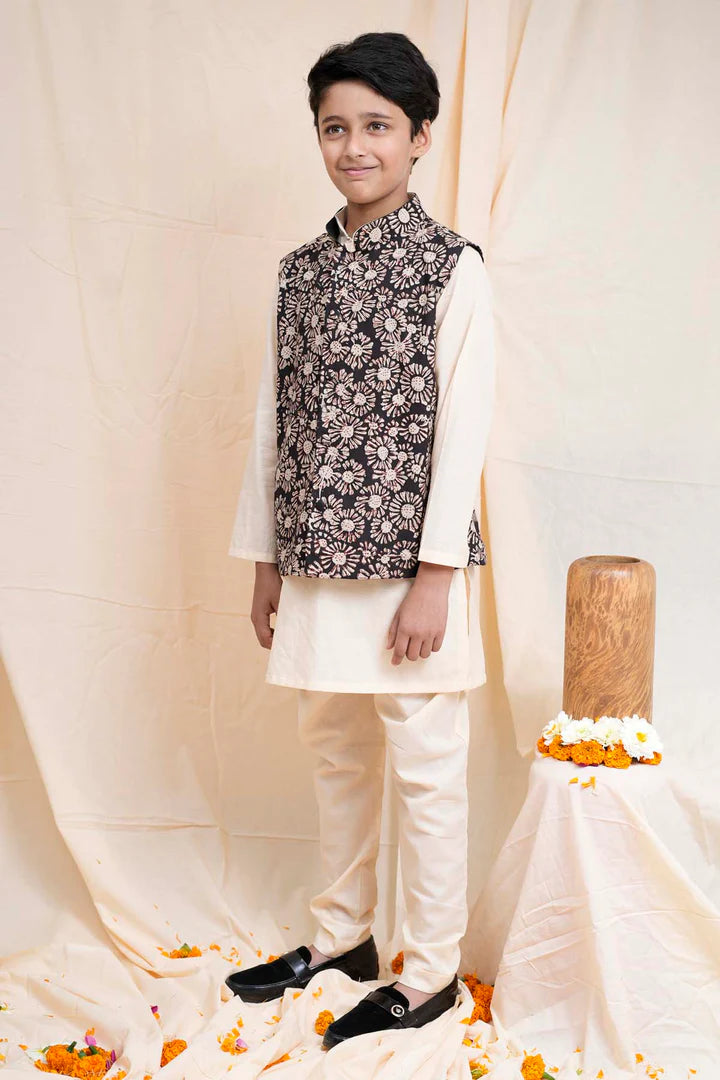Beige Printed Nehru Jacket Set