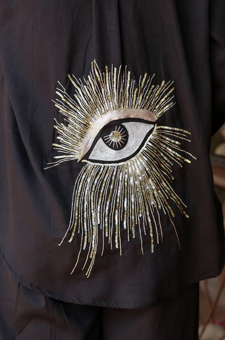 Zoom Black Hand Embroidered Evil Eye Shirt