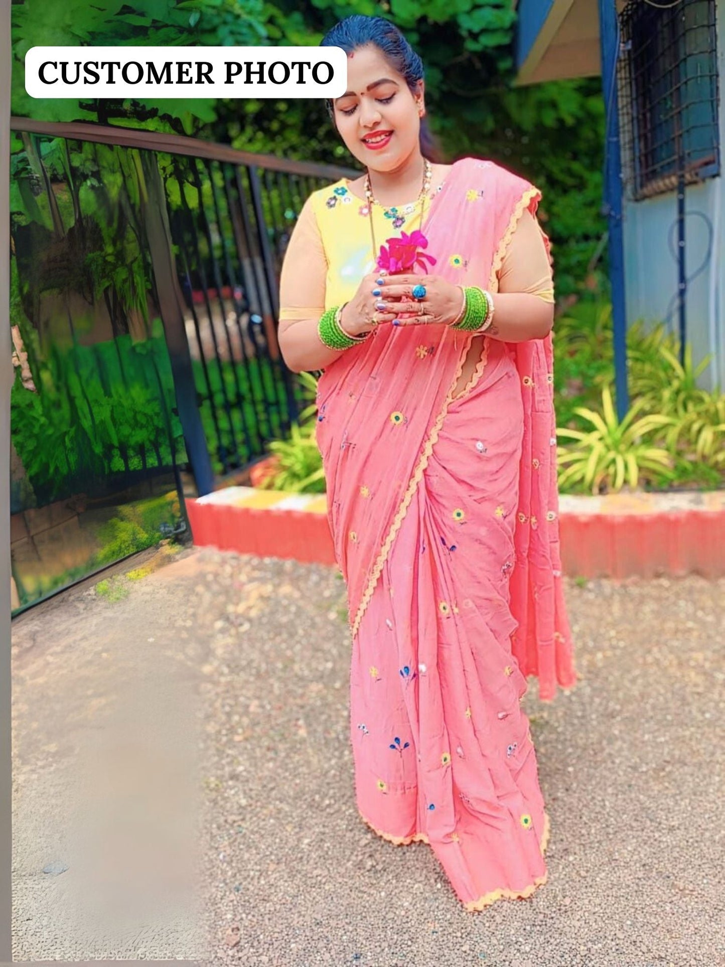 Ganik peach embroidered saree with blouse