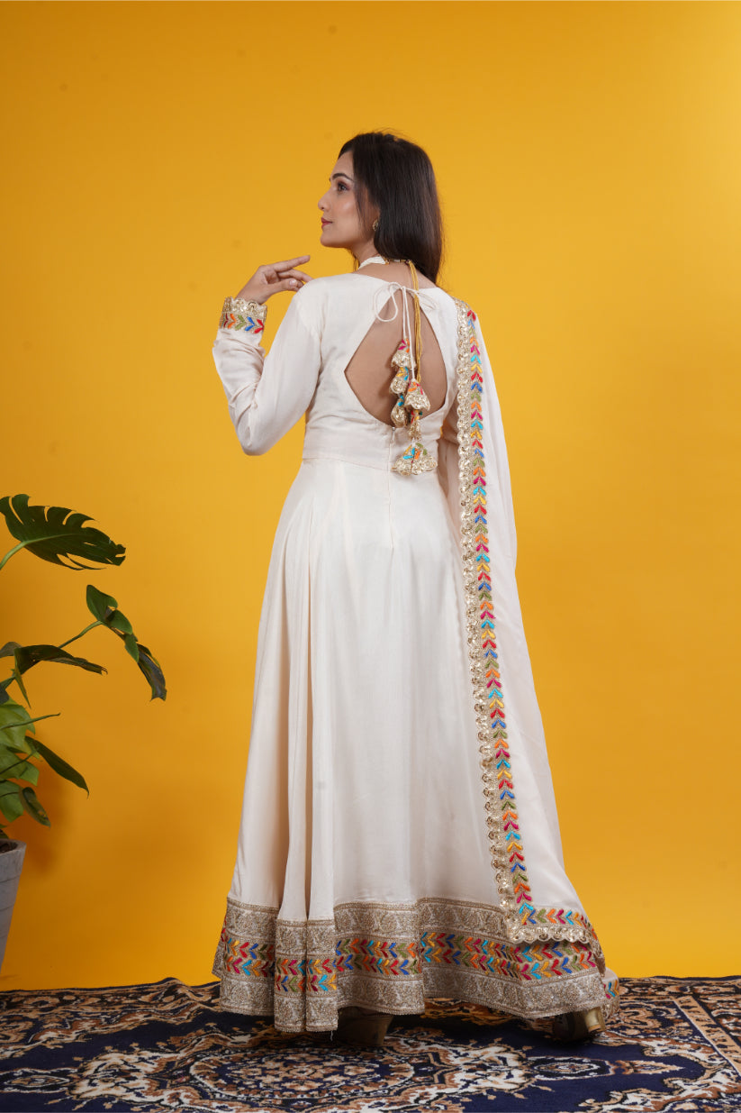 Ivory Russian Silk Gown with Multi-Color Layered Laces & Soft Organza Dupatta