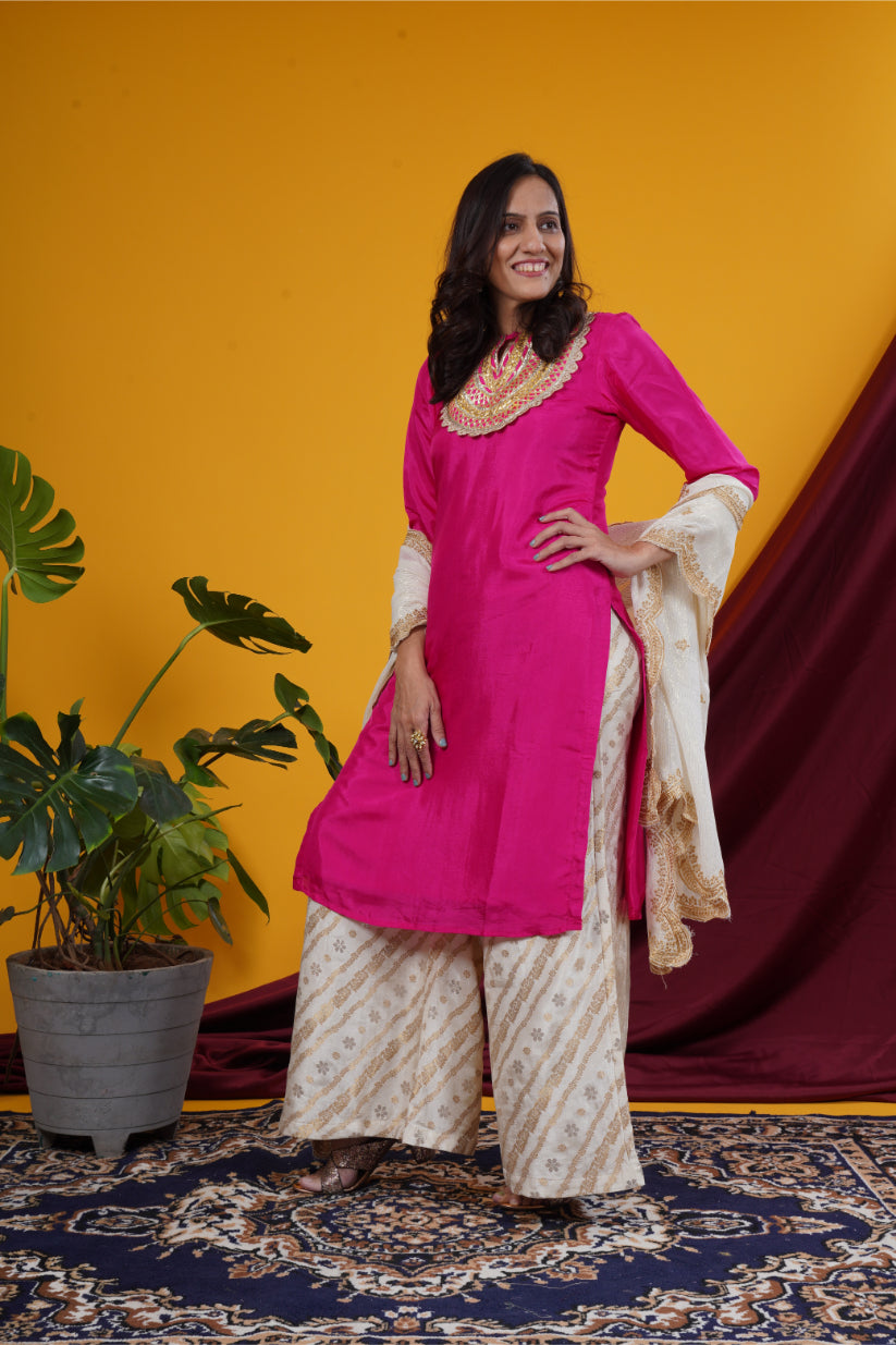 Rani Pink Short Dress with Ivory Palazzo & Dupatta Set