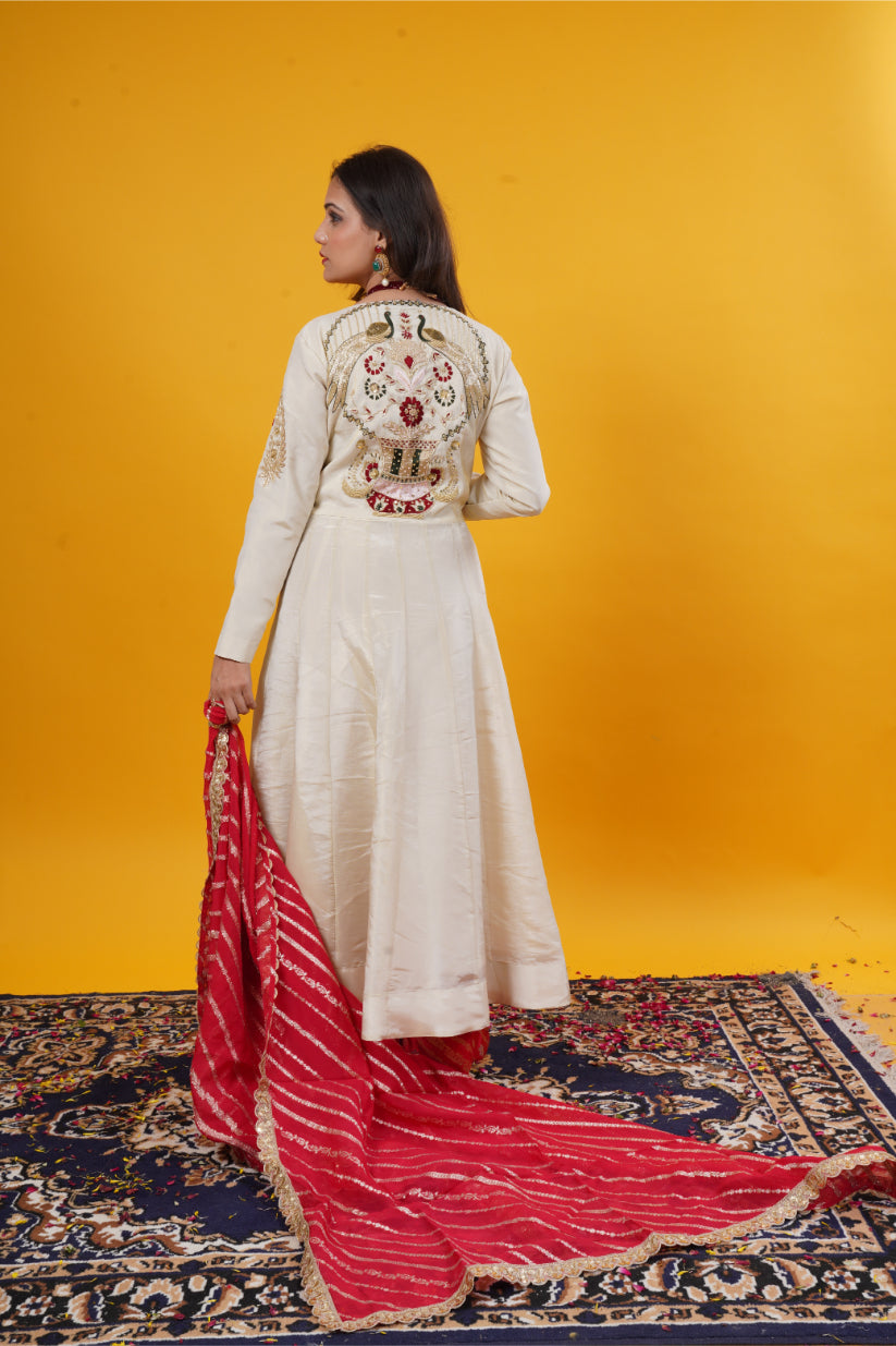 Gold Tissue Silk Gown with Floral & Peacock Embroidery Set