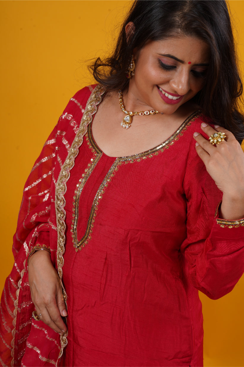 Pure Raw Silk Red Suit Set with Copper Neckline Handwork & Organza Leheriya Jari Dupatta