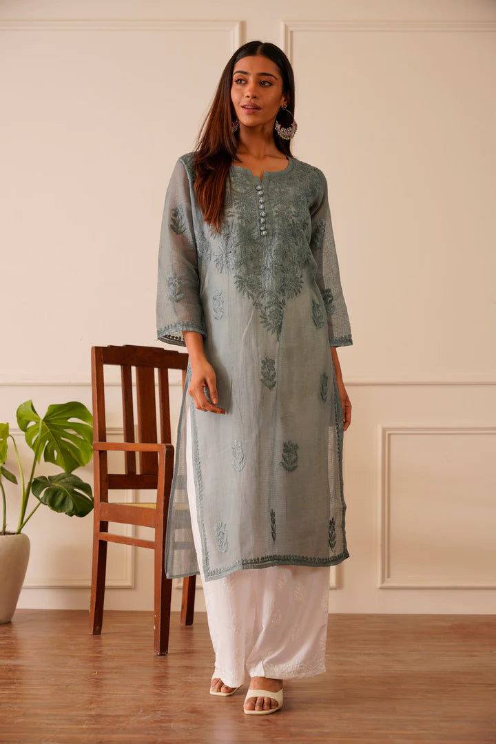 Graceful Grey Kota Doria Straight Kurta
