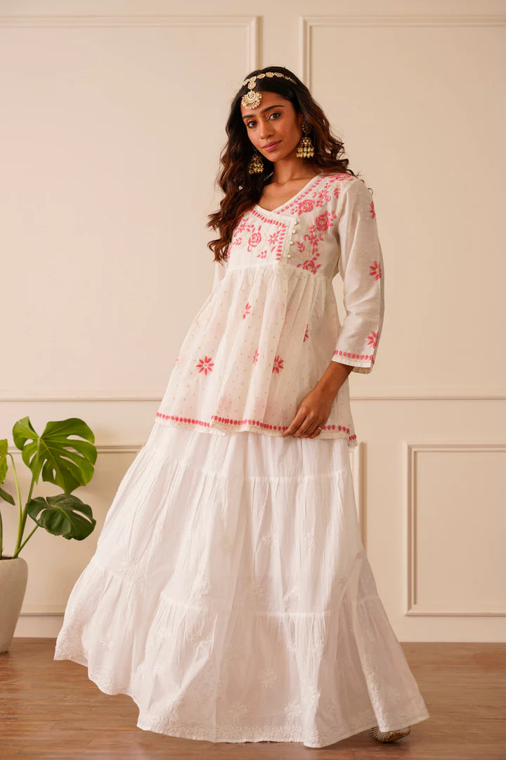 Magnificent White Mul Chanderi Short Kurti