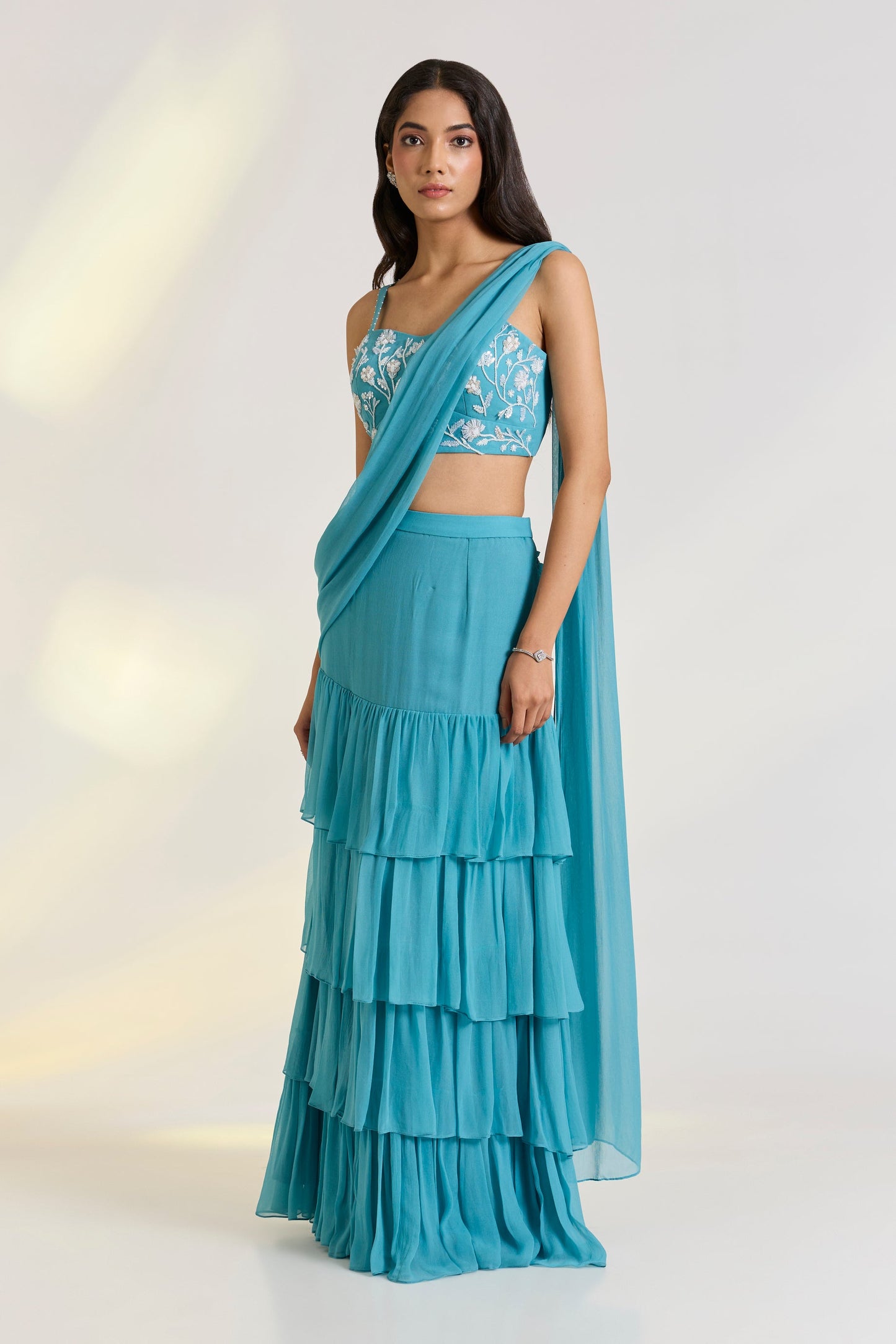 Teal Embroidered Pre-Drape Saree