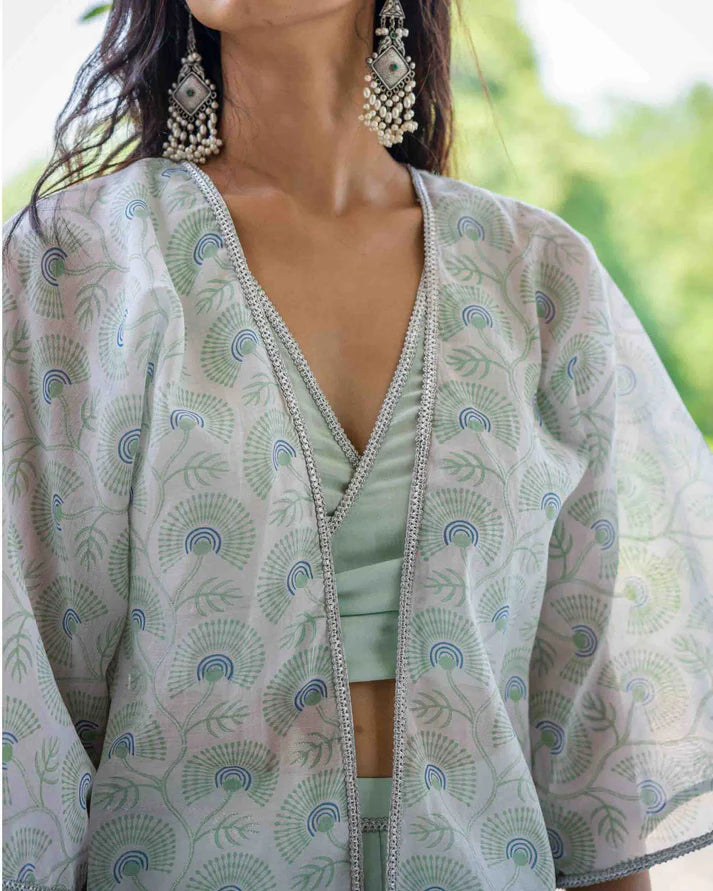 3 Piece Sea Cami & Dhoti Pant Set with Chanderi Printed Jacket