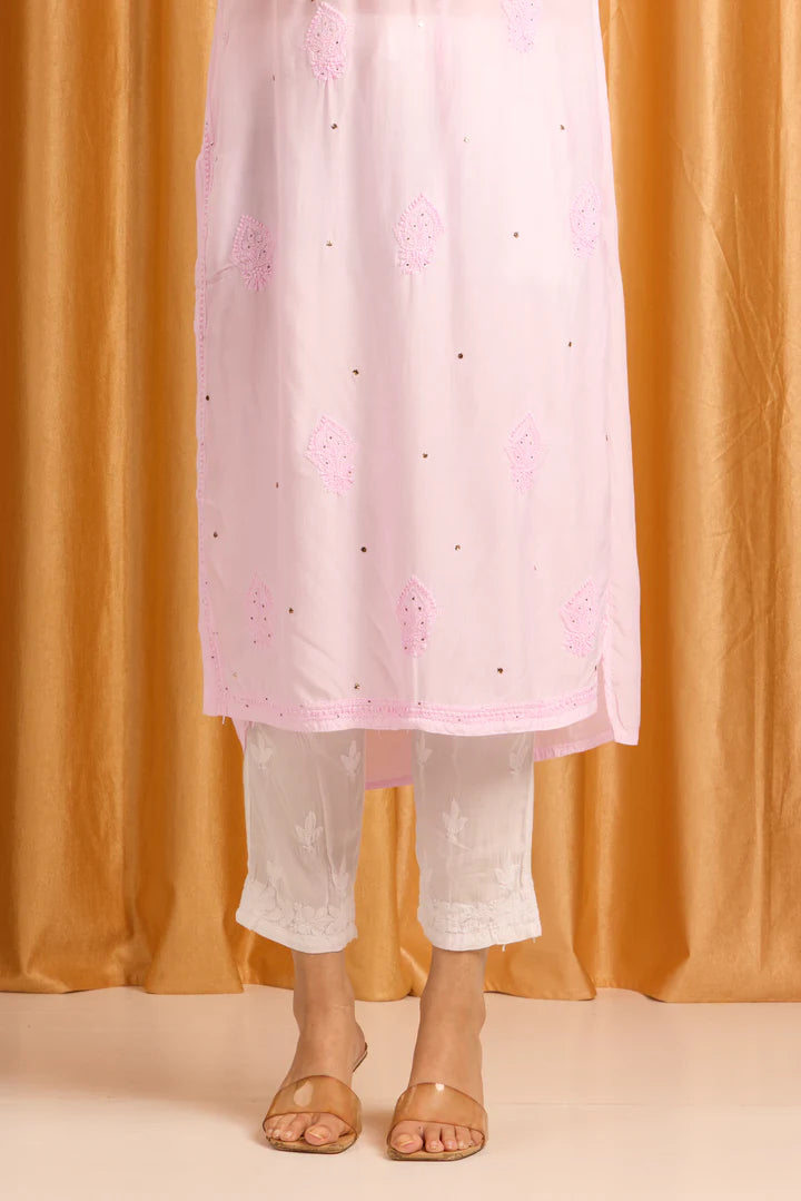 Graceful Blush Pink Chikankari Muslin Kurti with Mukaish work