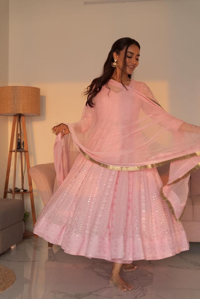 Pink Chikankari Anarkali Set (Set of 3)