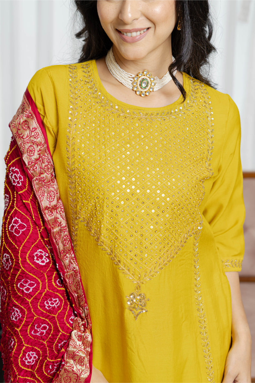 Mustard Kurta Set with Bandhani Charm