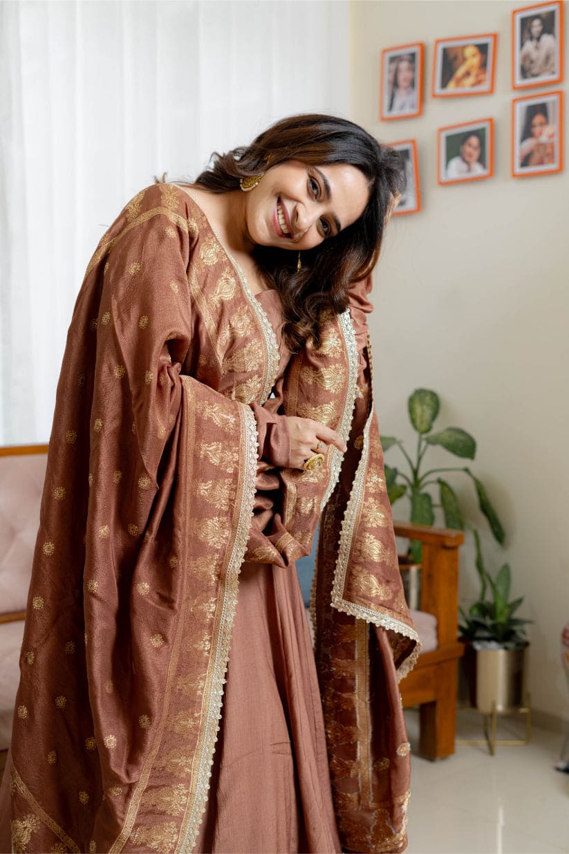 Dusky Brown Anarkali with Brocade Drape