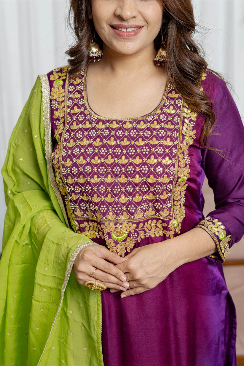 Purple Ombré Gajji Silk Suit Set