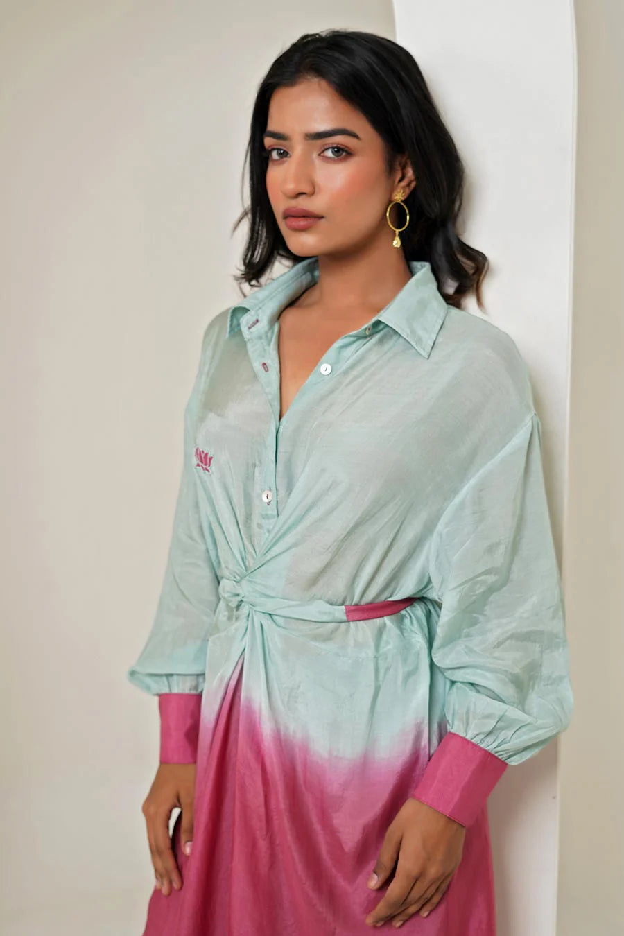 Mint-Fuschia Ombre Knot Kurta & Pant Set