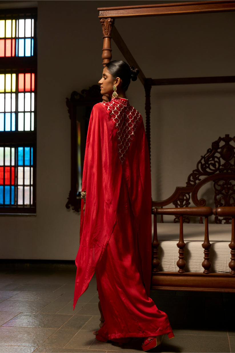 Crimson Asymmetric Cape with Handwork, Satin Blouse & Pants