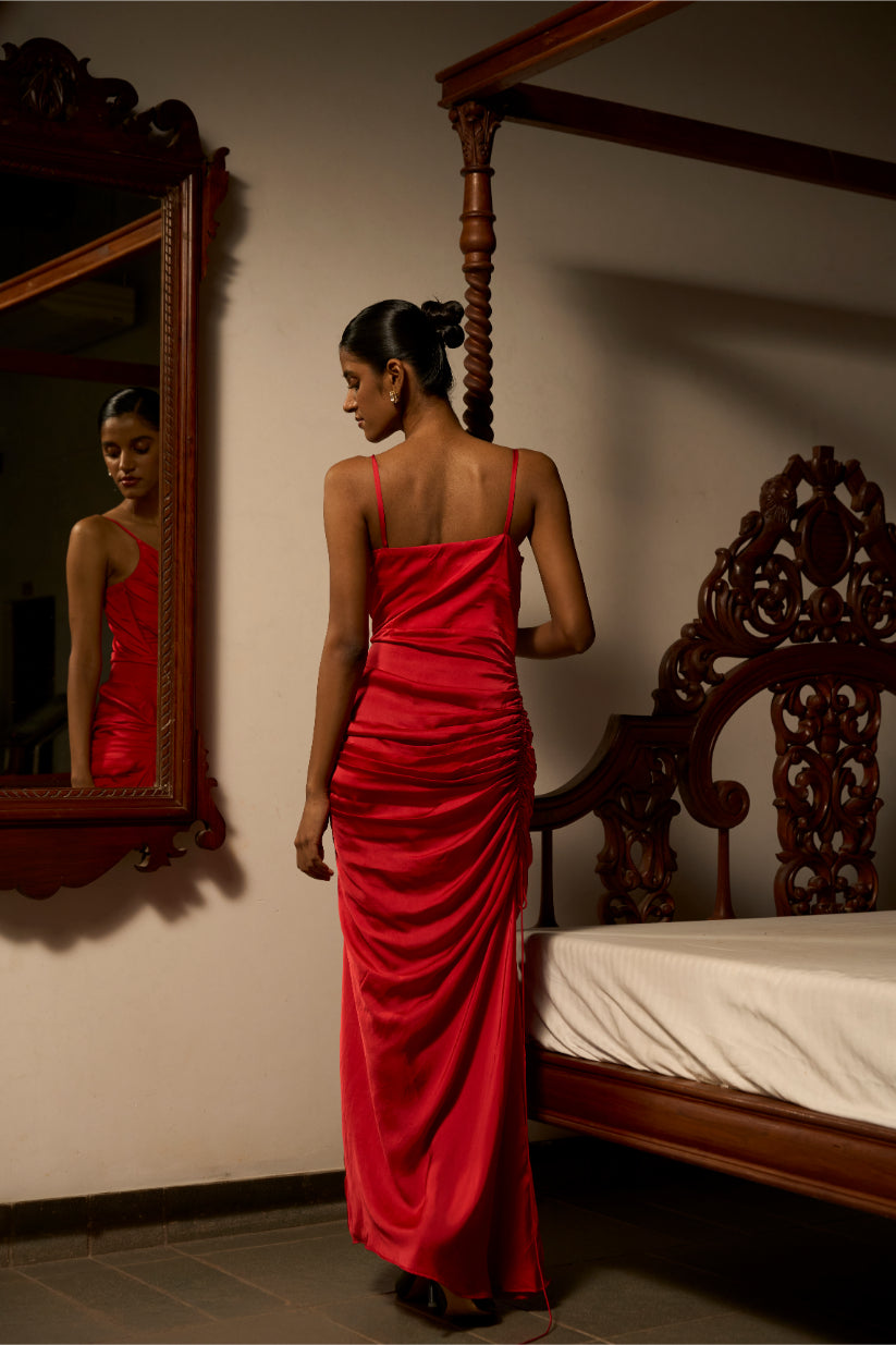 Draped in Desire – The Red Satin Gown