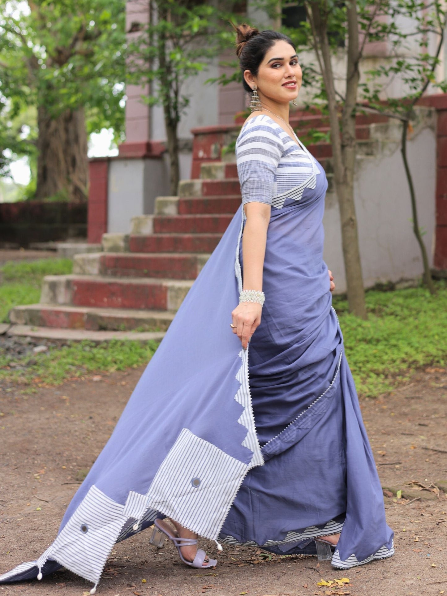 Dusty blue cotton hand applique saree with blouse