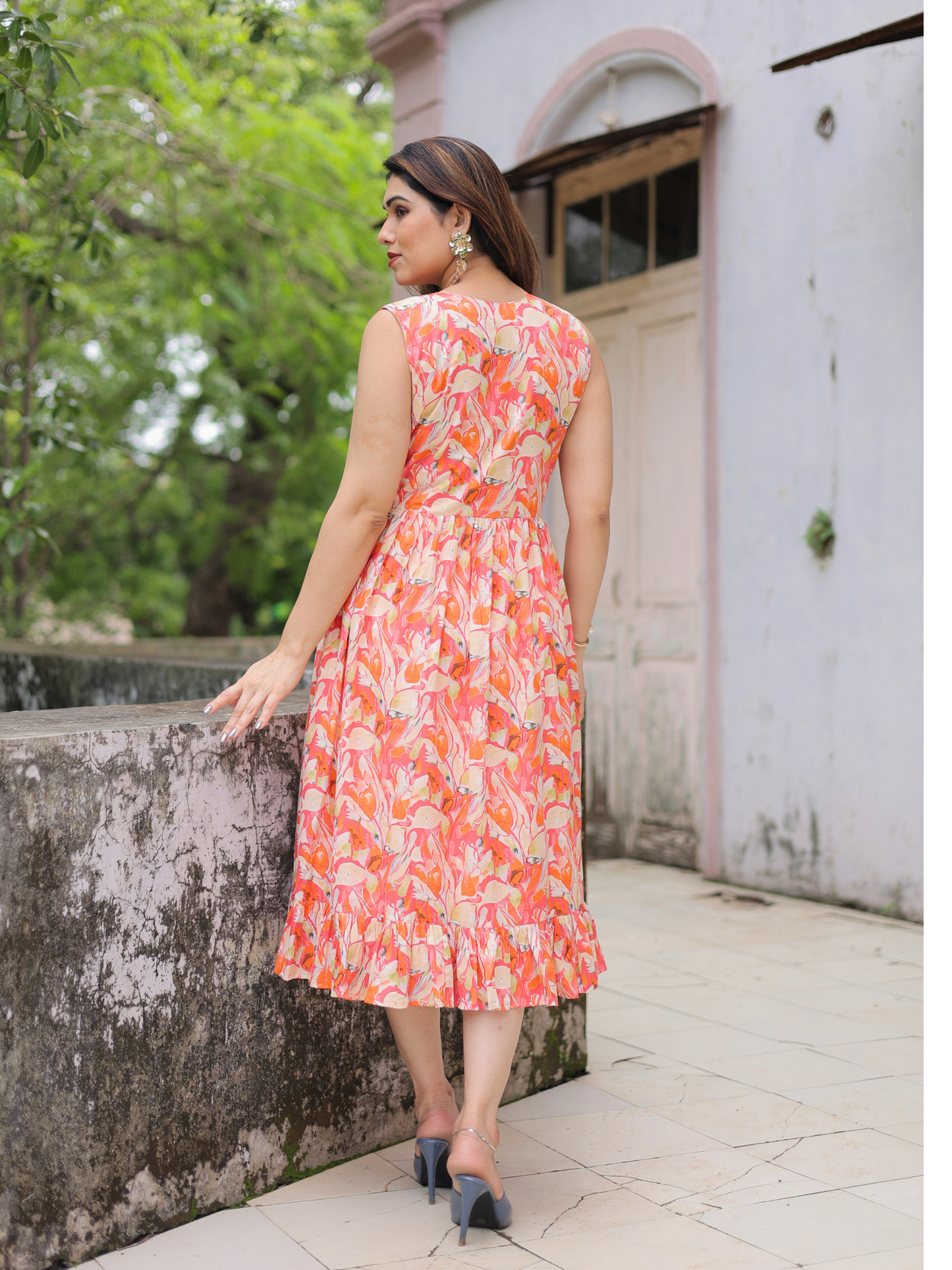 Orange bloom floral cotton dress