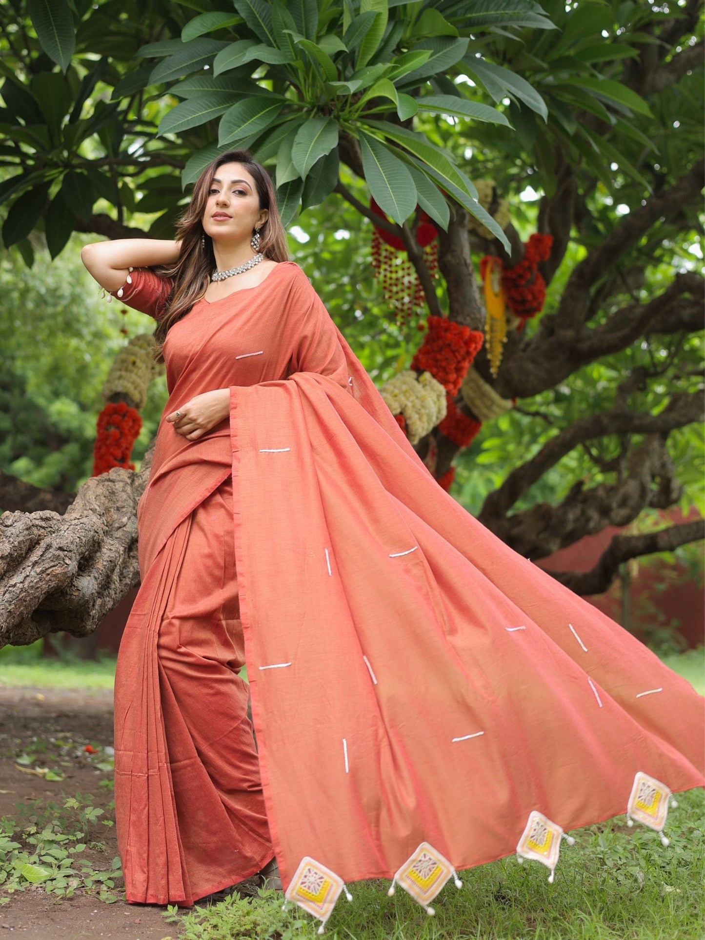 Saanjh- Rust Orange crochet applique saree with blouse