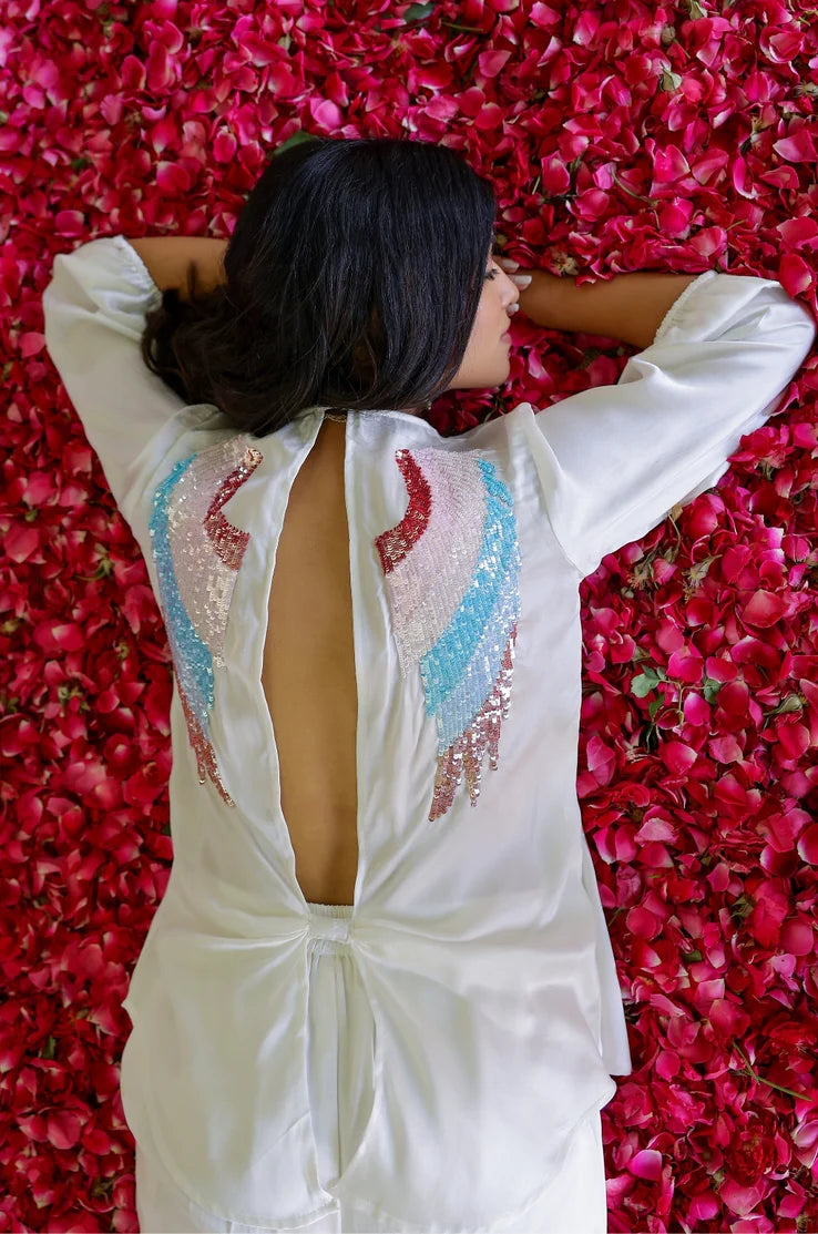 Zoom White Satin Angel Wing Sequin Top and Pants - Set of 2