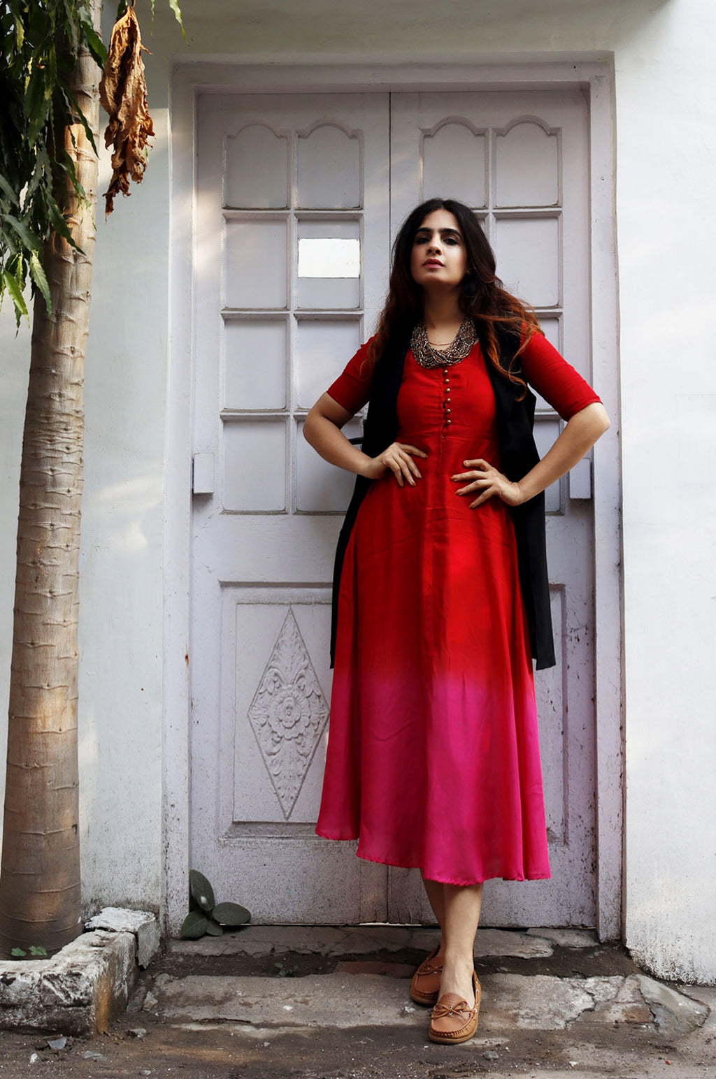 Red & Pink Fit-Flared Dress