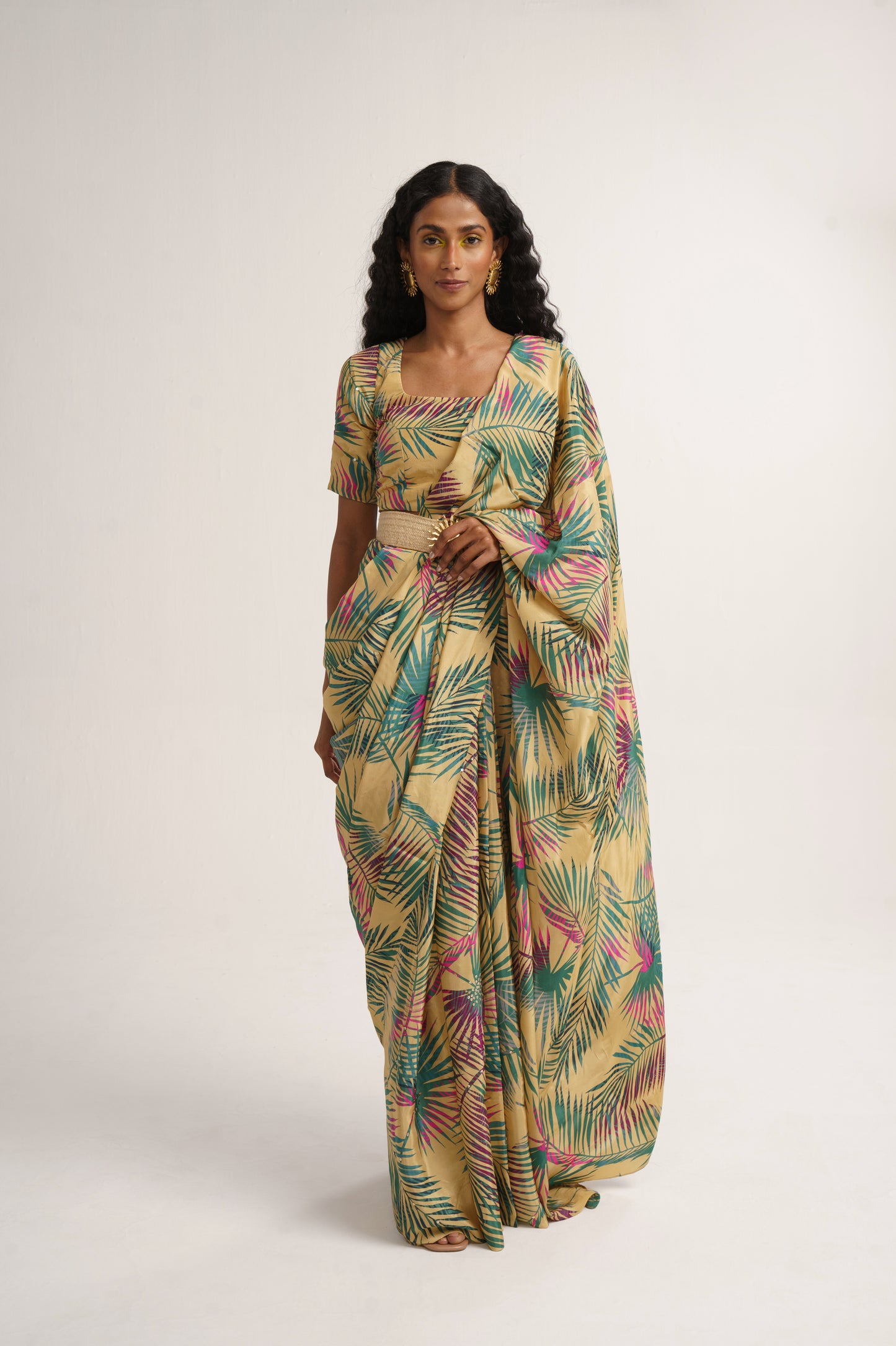 Yellow Crepe Silk Print Tropical Square Neck