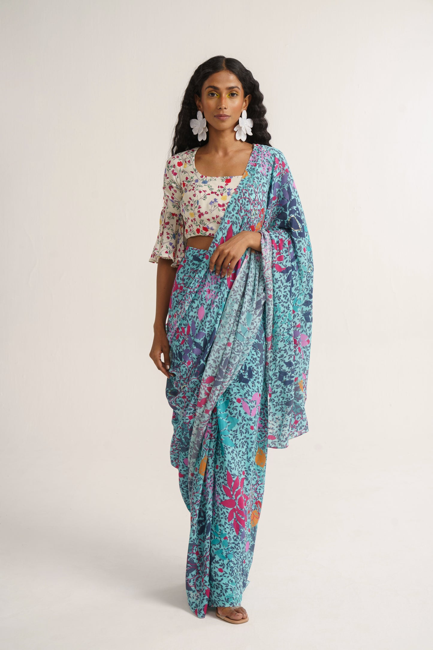 Blue Crepe Silk Print Floral Square Neck Lupine Pre-stitched Saree With Blouse