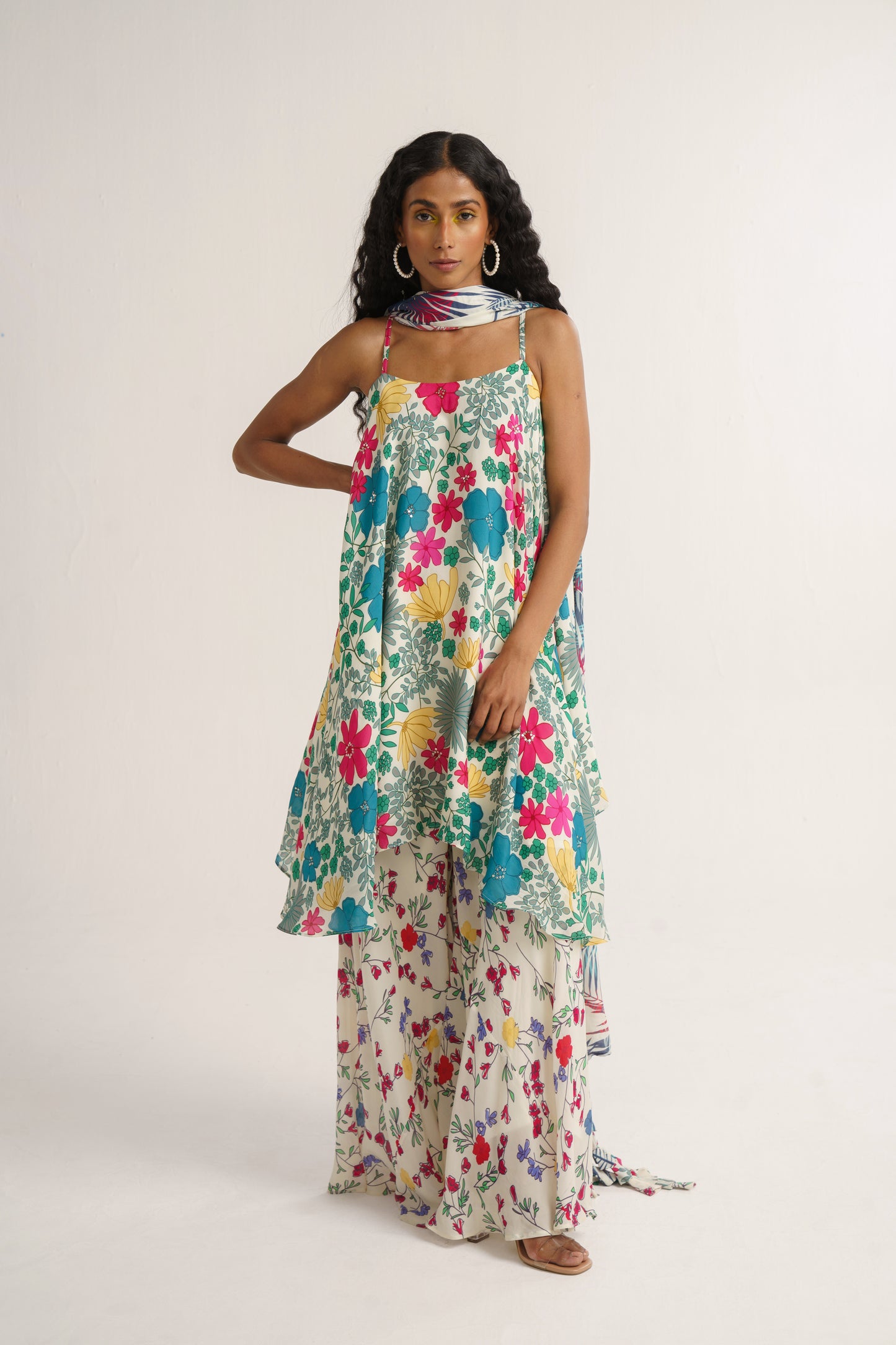 White Crepe Silk Print Floral Garden Square Neck Lily Kurta Sharara Set